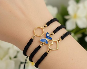 Pulsera de macramé ajustable/corazón, mariposa, colgante hexagonal/amuleto de la suerte minimalista/regalo para ella.