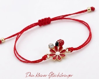 Pulsera de la suerte con flores y mariquitas / Joyería floral ajustable con mariquita / Pulsera hecha a mano para mujer / Joyería delicada para regalar