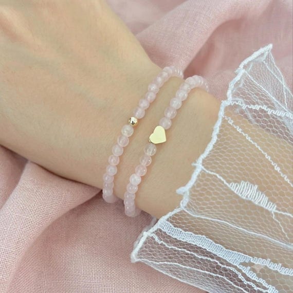 Rosenquarz Armband mit 18K Vergoldet Herz oder Goldkugel, Echter Heilstein, Elastisches Edelstein Armband Damen Geschenk