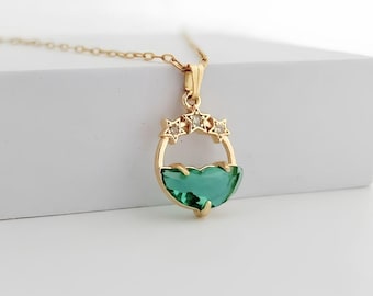 Collar de acero inoxidable, chapado en oro de 18 quilates, con estrellas de cristal verde y circonita cúbica / Elegante joya para mujer, regalo ideal para mujeres y niñas.