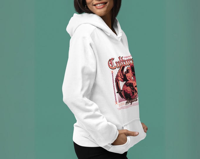 Cultural Angel Hoodie, Graphic Print of Angel Sitting on World, Unisex Cotton Sweatshirt, Streetwear Hoodie, Valentine’s Day Gift for Her