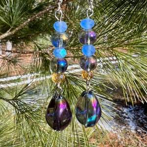 Glass Beads Dangle Earrings, Sparkly Silver Colored, Fishhook or Clip-on Jewelry