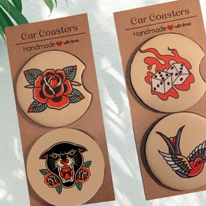 Set of 2 Flash Tattoo Design Car Coasters| Retro Tattoo Look | Fabric Easy to Clean | Car Accessories for Him | Ready to Ship