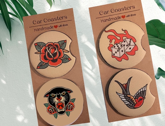 Set of 2 Flash Tattoo Design Car Coasters| Retro Tattoo Look | Fabric Easy to Clean | Car Accessories for Him | Ready to Ship
