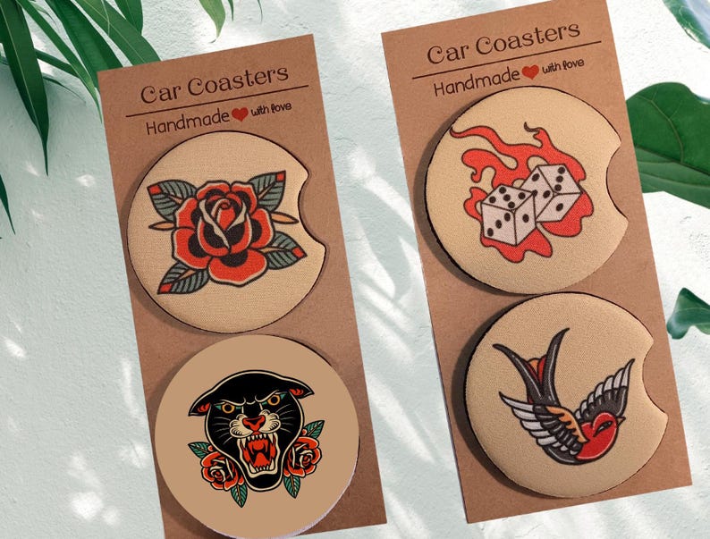 Traditional Flash Tattoo Design Lucky Dice Sparrow Carcoasters Rose Car Cup Holder Black Panther and Roses Car Accessory Tat Design