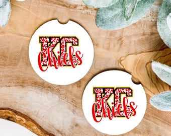 Kansas City Set of 2 Car Coasters Cupholder Car Accessories Football Fan Super Bowl Ceramic Carcoasters KC Chiefs Car Decor