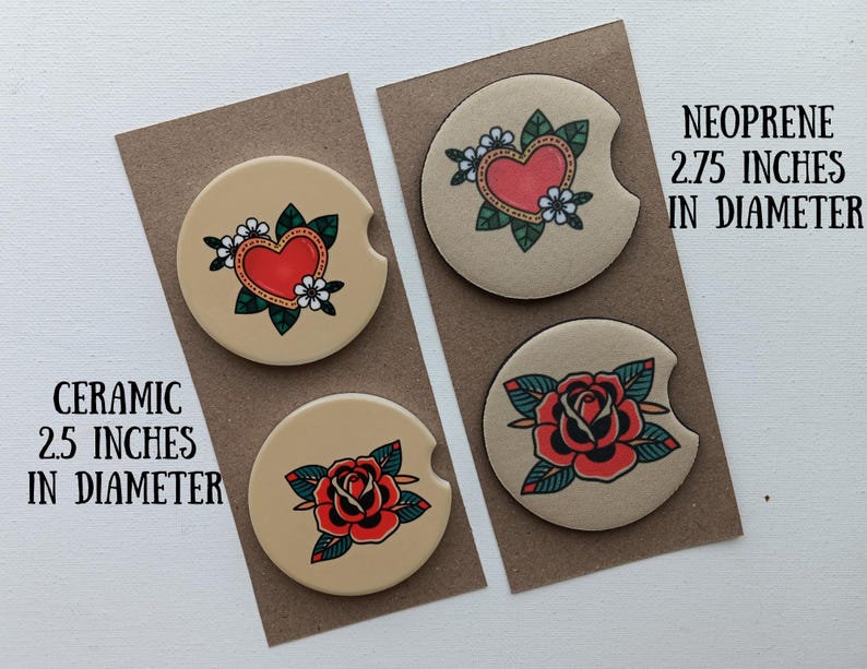 May include: Four round coasters with different designs. Two coasters feature a red heart with green leaves and white flowers. The other two coasters feature a red rose with green leaves. The coasters are on a brown background. The text "NEOPRENE 2.75 INCHES IN DIAMETER" and "CERAMIC 2.5 INCHES IN DIAMETER" are visible.