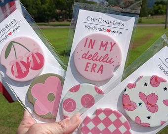 Custom Ceramic Car Coasters: Pink Coquette, Cowboy Hat, Retro Check - Set of 2