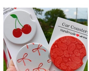 Set of 2 Car Coaster Red Car Accessories Cherries Coquette Bows Red Paisley Design Car Cup Holder Gift for New Driver