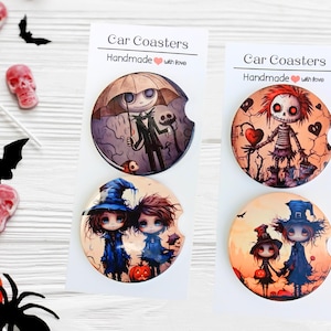 Set of 2 Creepy Kid Halloween Car Coasters – Fall Vibes Spooky Aesthetic – Ceramic or Neoprene Cup Holder Coasters