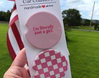 Custom Ceramic Car Coaster Set: Pink Retro Check, I'm Just a Girl Meme