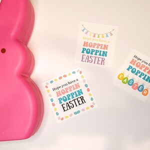 May include: Three Easter gift tags with the text "Hope you have a Hoppin Poppin Easter" in colorful letters and a string of colorful flags above the text. The tags are on a white background.