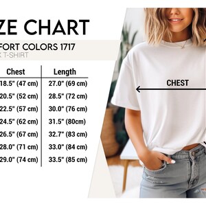 May include: White unisex t-shirt with a size chart. The chart shows chest and length measurements in inches and centimeters for sizes S to 4XL. The model is wearing the t-shirt.