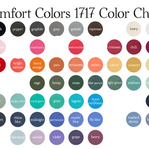 May include: A color chart titled "Comfort Colors 1717 Color Chart" displays a variety of colors in circular swatches. Colors include black, red, blue, green, and more. The chart is designed to showcase the range of colors available.