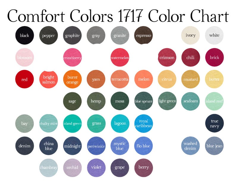 May include: A color chart titled "Comfort Colors 1717 Color Chart" displays a variety of colors in circular swatches. Colors include black, red, blue, green, and more. The chart is designed to showcase the range of colors available.