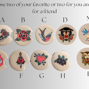 May include: A set of ten round coasters with various vintage tattoo designs. The designs include a skull and roses, a rose, a swallow, a panther, a pair of hands holding birds, dice, a dagger and rose, a heart, flowers, and a tiger. Each coaster is labeled with a letter from A to R.