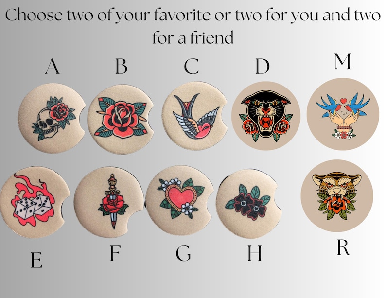 May include: A set of ten round coasters with various vintage tattoo designs. The designs include a skull and roses, a rose, a swallow, a panther, a pair of hands holding birds, dice, a dagger and rose, a heart, flowers, and a tiger. Each coaster is labeled with a letter from A to R.