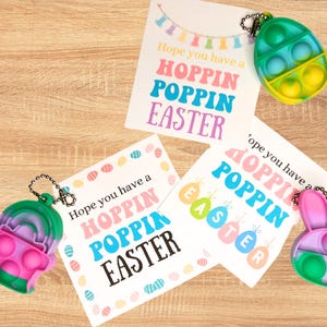 May include: Three Easter-themed cards with the text "Hope you have a Hoppin Poppin Easter" and three colorful pop-it fidget toys shaped like an egg, a bunny, and a rainbow.