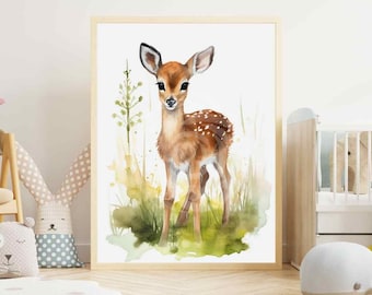 Rehkitz-Druck | Bambi | Kinderzimmer | Digitaler Download | Wandkunst | Wald | Waldkindergarten | Baby |Tiere | Wasserfarben | Geschenk