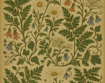 May include: A vintage-style botanical illustration featuring a repeating pattern of daisies, ferns, and bell-shaped flowers in shades of green, white, yellow, peach, and blue on a beige background. The artwork has a classic, detailed aesthetic.