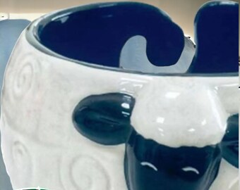 Sheep Yarn Bowl Ceramic Glazed Bowl for Knitting and Crochet Black Inside Hole for Wool or Yarn to Thread through