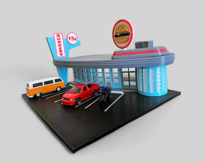 Featured listing image: Die Cast Diorama | 3D Printed Retro Drive In Diner | 1/64 Scale Display