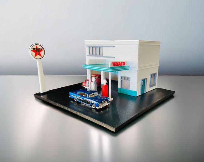 Featured listing image: Die Cast Diorama | 3D Printed Display | Back to the Future Texaco | 1/64 Scale Display