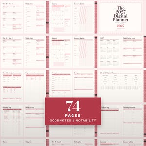 Puede incluir: Una agenda digital para 2027 con 74 páginas compatibles con Goodnotes y Notability. El diseño incluye una portada, calendarios mensuales, planes diarios, rastreadores de hábitos, hojas de presupuesto, planificadores de comidas y registros.