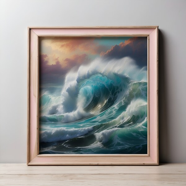 Big Ocean Wave with Dark Clouds and Beautiful Sky Painting, Digital Art, Realistic Painting Style, Printable Instant Downloadable