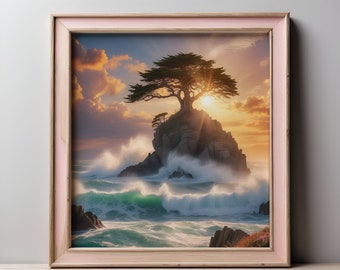 Tree of Life in the Ocean Sunrise Realistic Painting, Digital Art, Printable Instant Downloadable