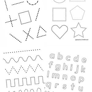 Op de afbeelding: Een wit werkblad met zwarte stippellijnen die voorschrijfvormen vormen, waaronder cirkels, vierkanten, driehoeken en een hart. Het werkblad bevat ook stippellijnen om het kleine alfabet te traceren. De tekst "Pre-Writing Shapes" is zichtbaar.