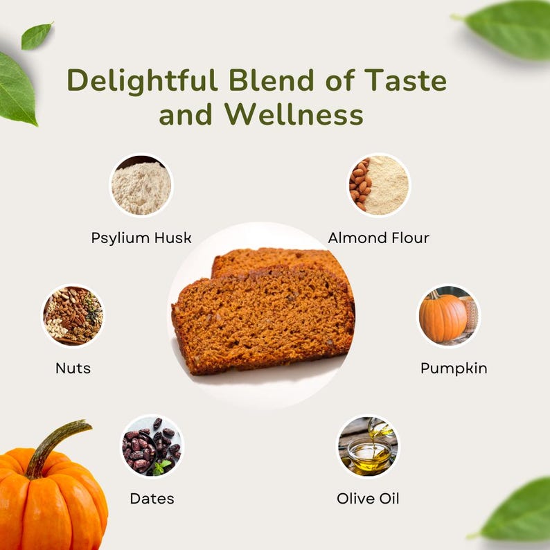 May include: Image of ingredients for a healthy recipe, including psyllium husk, almond flour, nuts, dates, olive oil, and a pumpkin. The text reads "Delightful Blend of Taste and Wellness."