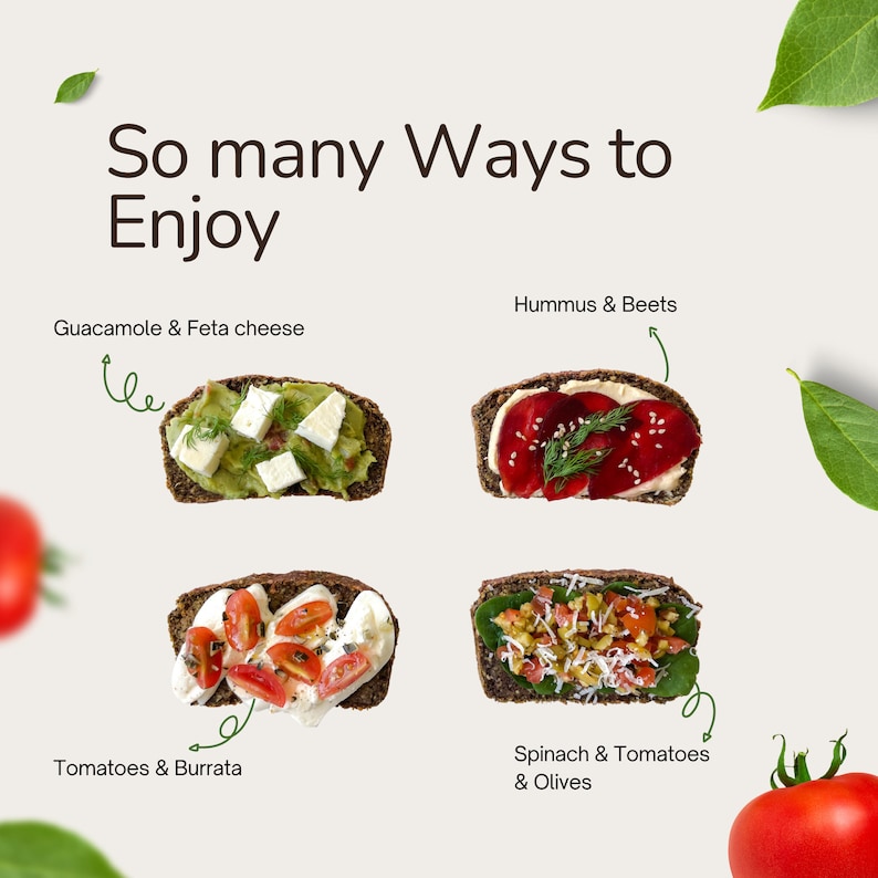 May include: Four different open-faced sandwiches on dark bread with various toppings. The toppings include guacamole and feta cheese, hummus and beets, tomatoes and burrata, and spinach, tomatoes, and olives. The text "So many Ways to Enjoy" is at the top of the image.
