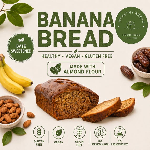 Gluten Free Vegan Banana Bread, Almond Flour, Date Sweetened Loaf