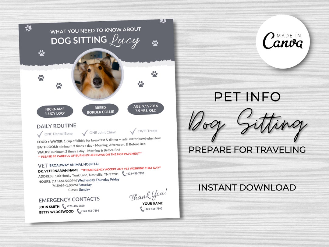 Dog Sitting Info Flyer Pet Sitting Facts Dog Care Info Sheet Rover