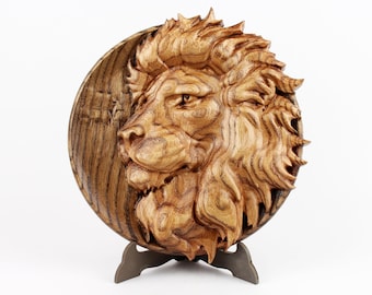 Löwenkopf Holzschnitzerei für einzigartiges Dekor, Holzwandkunst, Löwenkunst, Geburtstagsgeschenke für Männer, Chefgeschenk, Holzdekoration