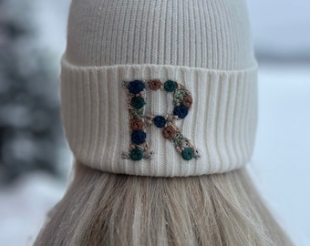 Floral Initial Ribbed Beanie