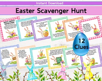 May include: A set of 12 colorful Easter scavenger hunt clues featuring a bunny rabbit illustration on each card. The cards have a gingham pattern and the text "12 Clues" is written on a blue egg.