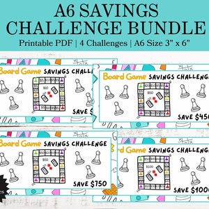 Board Game Style A6 Tracker Saving Challenges, A6 Colorful Tracker Savings Challenge Bundle Printable, A6 Mini Money Savings Challenge