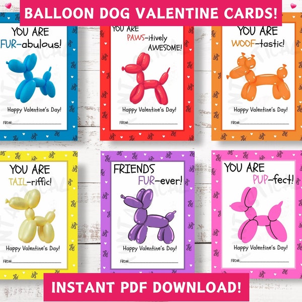 Balloon Dog Valentine Cards, Balloon Animal Valentine Day Cards, Balloon Animal Valentines, Valentines Cards for Kids, Classroom Valentines