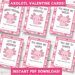 Printable Axolotl Valentine Cards, Classroom Valentine&#39;s Day Cards for Kids, Valentines Cards for Kids, Instant Download