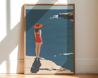 affiche de voyage vintage Riviera, impression minimaliste bord de mer, téléchargement immédiat scène de plage, art mural océan rétro, oeuvre d'art côtière