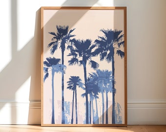 Art mural pop art palmiers, impression bleu minimaliste, oeuvre d'art de plage à téléchargement immédiat, poster inspiré d'Andy Warhol