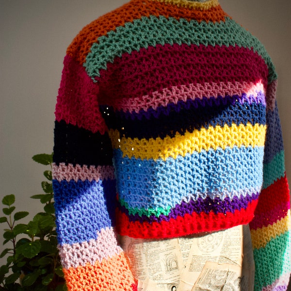 Multicoloured Handmade Crochet Cropped Scrap Jumper/Sweater