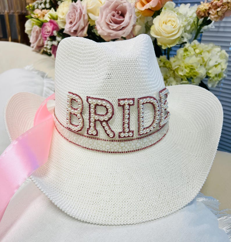 Bride Pearl Cowboy Hat, Cowgirl Hat, Western Bachelorette Party Bridal Accessory,Nashville Country Veil image 7