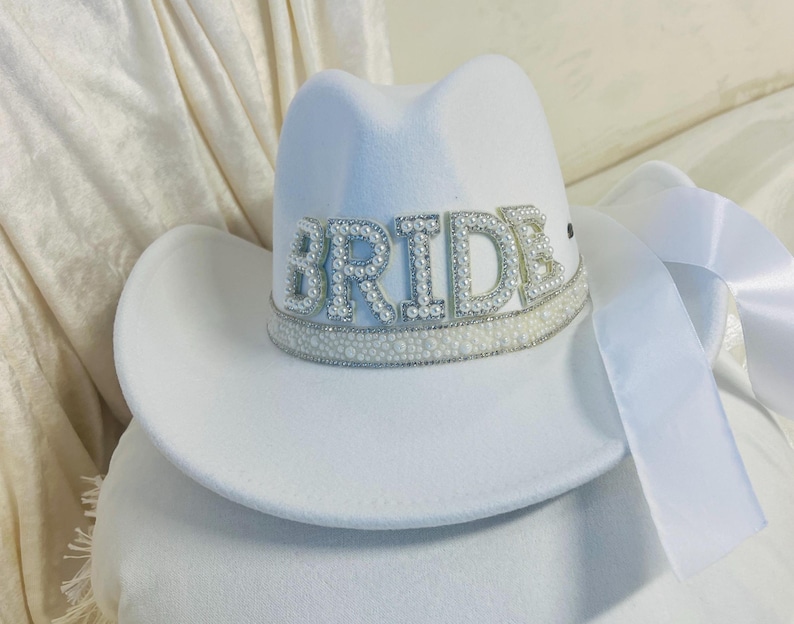 Pearl Bride Cowboy Hat: Western Cowgirl Bachelorette Nashville Texas Bridal Shower Party Stone Hat image 3