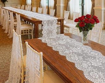 Wedding Table White Lace Linen Runner: Floral Embroidered Farmhouse Table Decor (14x120 inches)