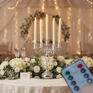 May include: A silver five-arm candelabra holding five off-white LED taper candles with glowing tips. The candelabra sits on a round mirror base surrounded by white hydrangea and rose floral arrangements, accompanied by a remote control.