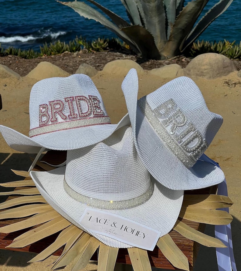 Bride Pearl Cowboy Hat, Cowgirl Hat, Western Bachelorette Party Bridal Accessory,Nashville Country Veil image 1