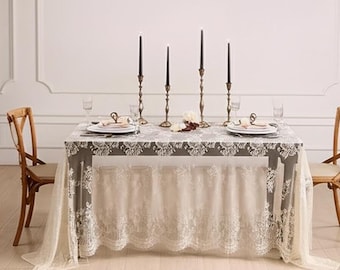 Lace Linen Tablecloth: Floral Embroidered Farmhouse Wedding Decor (60x120 inches